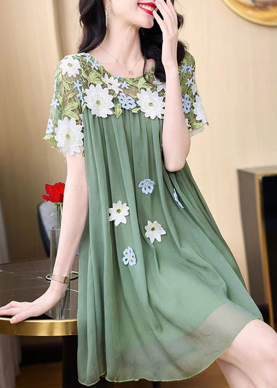 Bold Prints Casual Chic Boho Green O-Neck Embroideried Patchwork Tulle Mid Dresses Short Sleeve