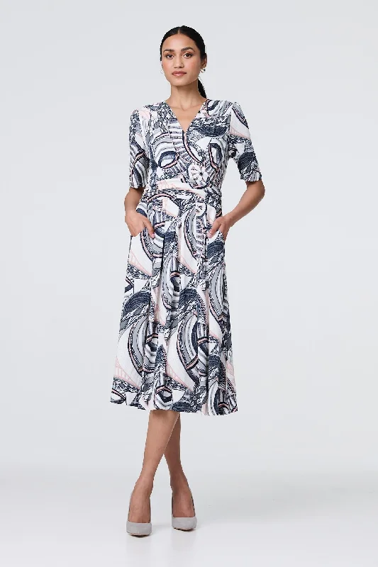 Clothing Woman Printed 1/2 Sleeve Knee Length Wrap Dress