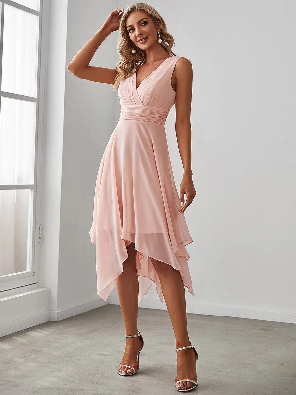 Holiday Special Offers V Neck Ruched Asymmetrical Hems Midi Chiffon Bridesmaid Dress