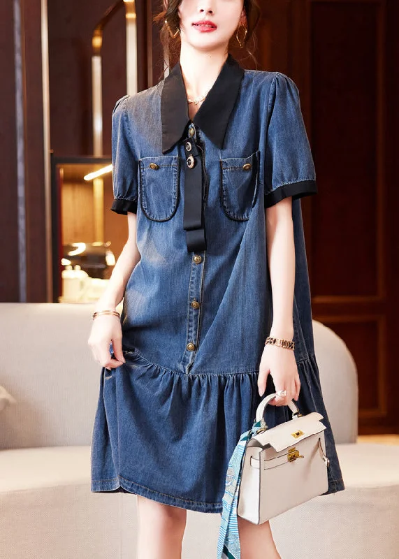 Casual Dresses for Women Fashion Blue Peter Pan Collar Patchwork Ruffles Denim Dresses Summer