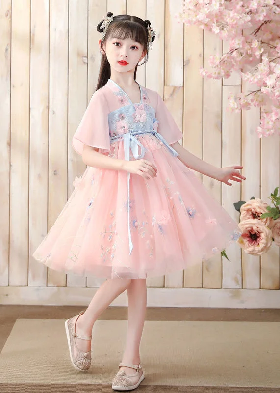 Workwear Fashion for Women Fashion Pink V Neck Embroideried Layered Tulle Kids Mid Dress Short Sleeve