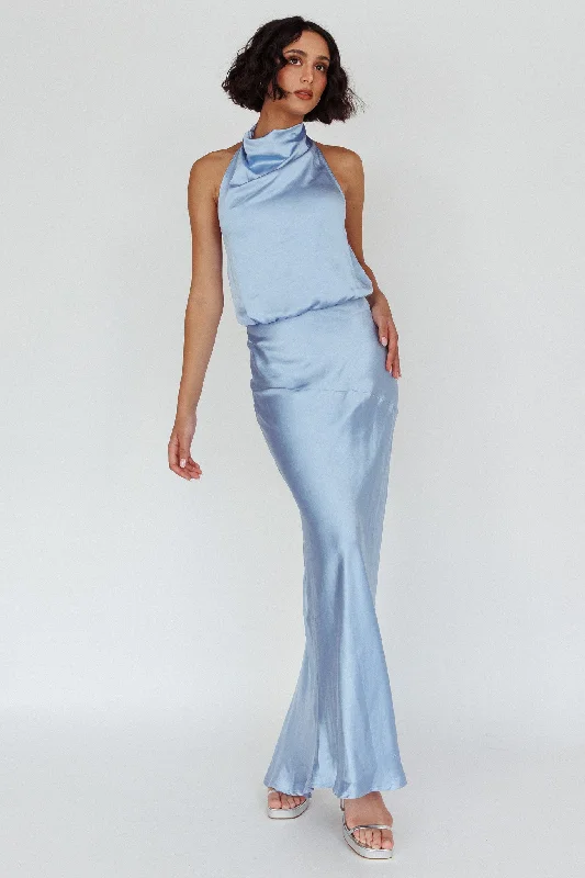 Premium Style Amalfi Sunset Cowl Halterneck Maxi Dress Sky