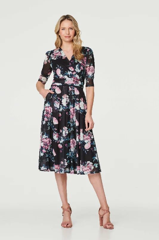 Seasonal Sale Floral Ruched Midi Tea Dress