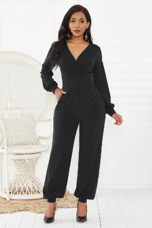 Business Casual Outfits Gathered Detail Surplice Lantern Sleeve Jumpsuit