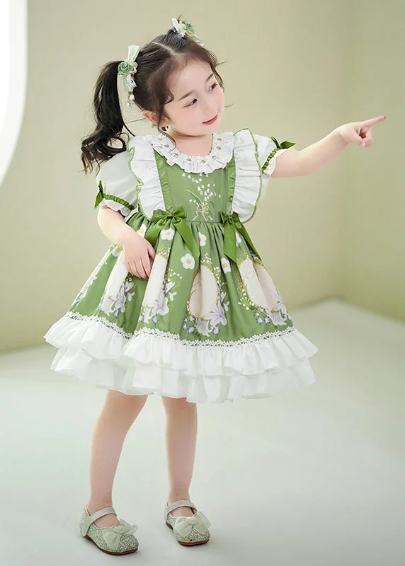 Summer Deals Art Green Ruffled Patchwork Print Cotton Baby Girls Dresses Summer