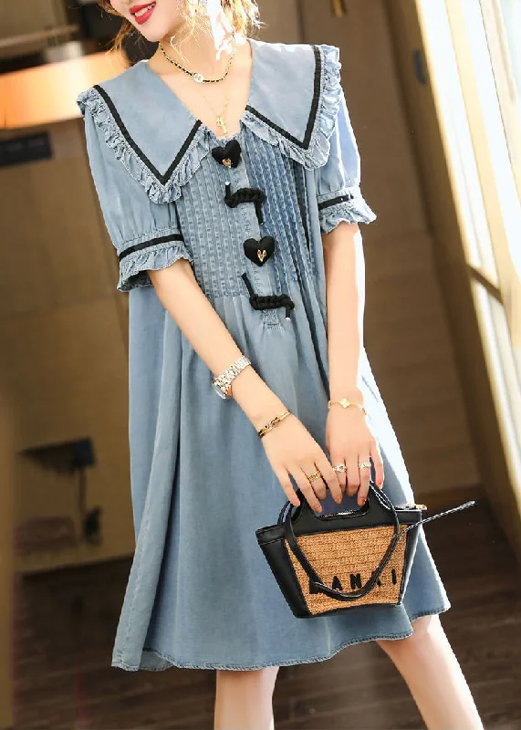 Trendy Women's Apparel Cute Light Blue Peter Pan Collar Wrinkled Cotton Denim Dress Summer