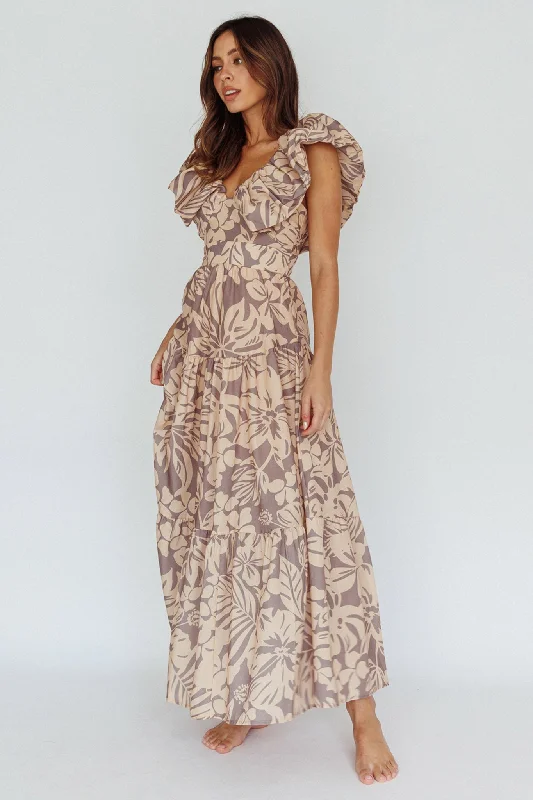 Quality Driven Apparel Kahlo Puffed Ruffle Neckline Maxi Dress Print Beige