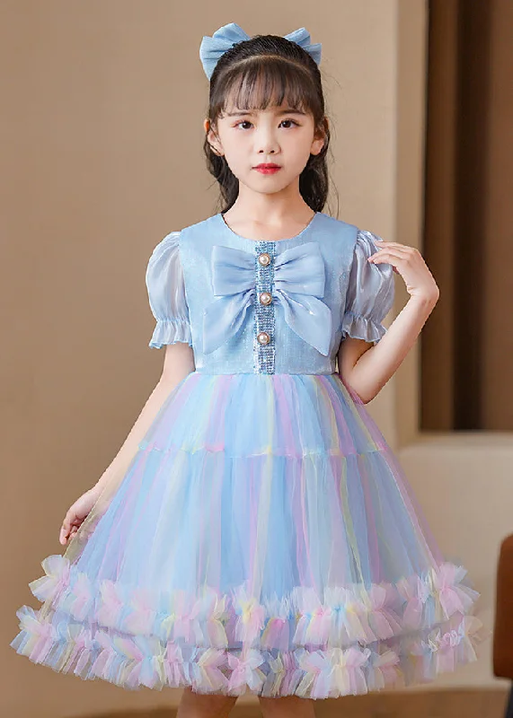 Big Discounts Elegant Blue Puff Sleeve Rainbow Exra Large Hem Tulle Kids Girls Dress Summer