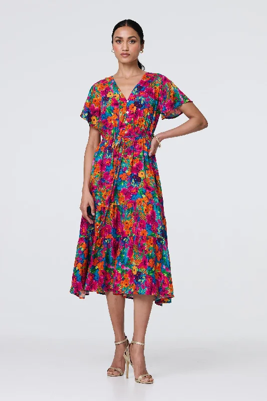 Free Spirited Fashion Floral Short Sleeve Tie Waist Dress