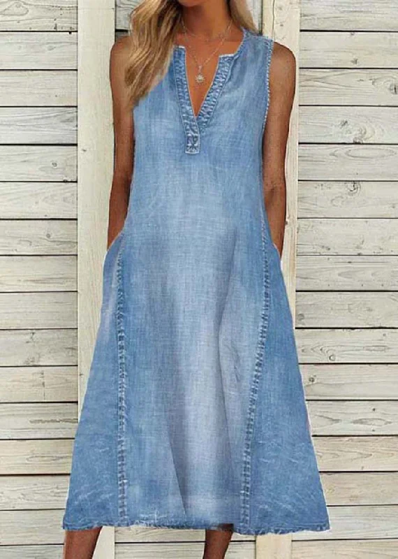 Edgy Fashion Modern Blue V Neck Washed Denim A Line Dress Sleeveless