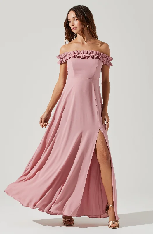 Trendy Boutiques Online Venetia Off Shoulder Ruffle Trim Maxi Dress