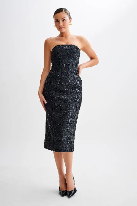 Women Wear Online Monet Tweed Strapless Midi Dress - Black