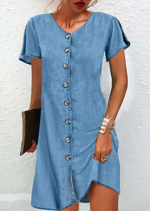 Vintage Style Clothing Sale Simple Blue V Neck Button Patchwork Denim Mid Dress Short Sleeve