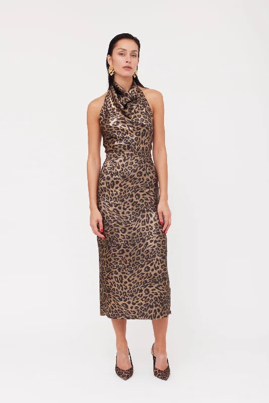 Women Clothes LARA Metallic Animal Print Midi Cowl Neck Dress