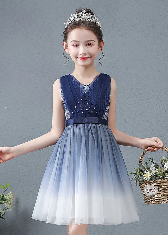 Limited Time Offer Cute Navy V Neck Nail Bead Gradient Color Tulle Baby Girls Maxi Dress Summer