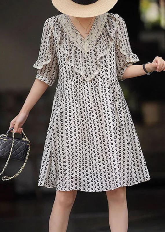 Enjoy Discount DIY Beige V Neck Ruffled Print Patchwork Chiffon Dresses Summer