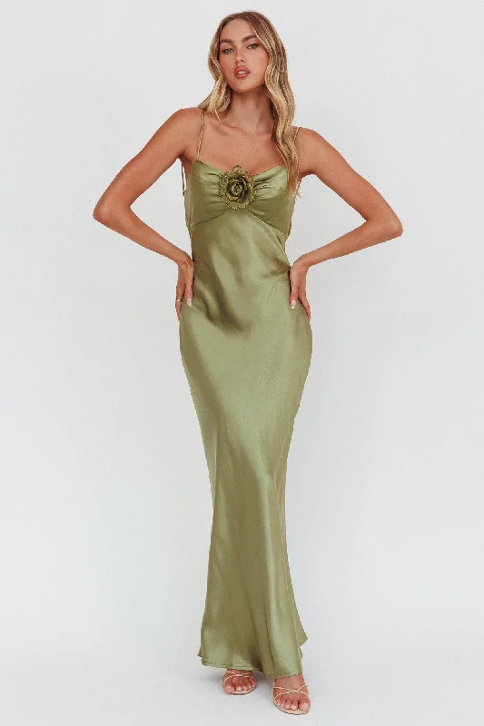 Trend Forward Women's Wear High Roller Cowl Back Rosette Maxi Dress Olive