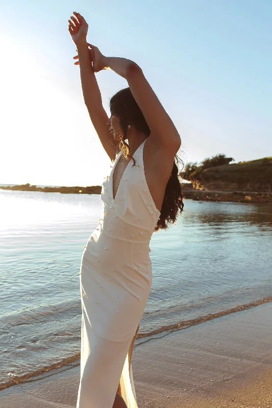 Seasonal Clearance Crystal Lake Halter Neck Pearl Maxi Dress White