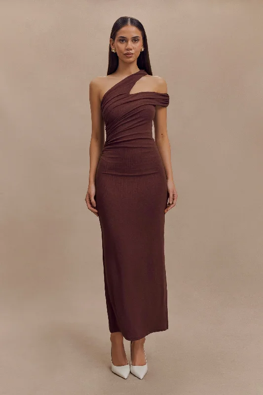 Fashion Forward Femininity Anastasia One Shoulder Modal Midi Dress - Mahogany