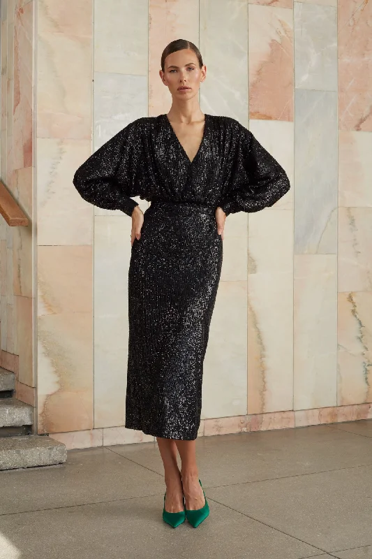 Trendy Urban Attire EVE black sequin long sleeve dress