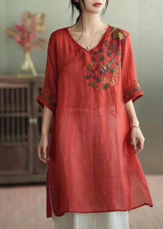 Affordable Online Boutique Retro Red V Neck Embroideried Patchwork Linen Mid Dress Summer