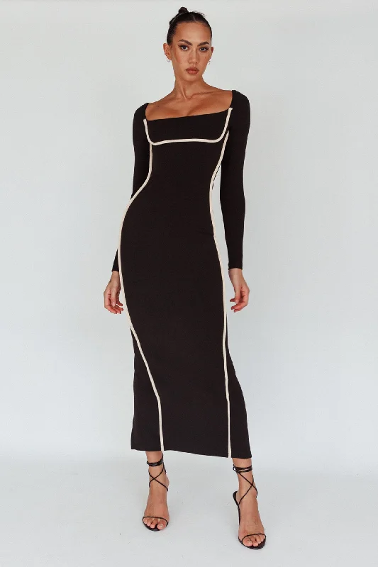 Elegant Clothing Sunny Coast Long Sleeve Piping Maxi Dress Black