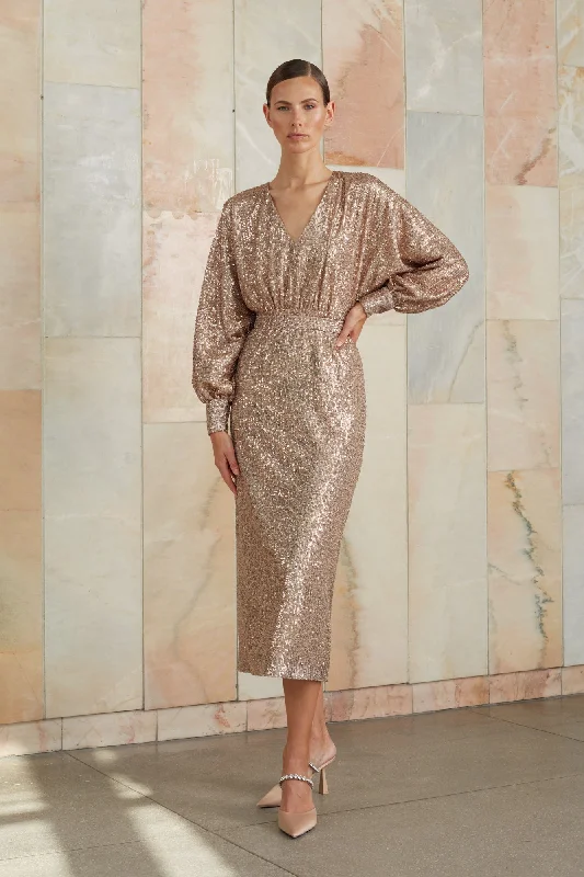 Fashion Forward Femininity EVE nude sequin V neck dress