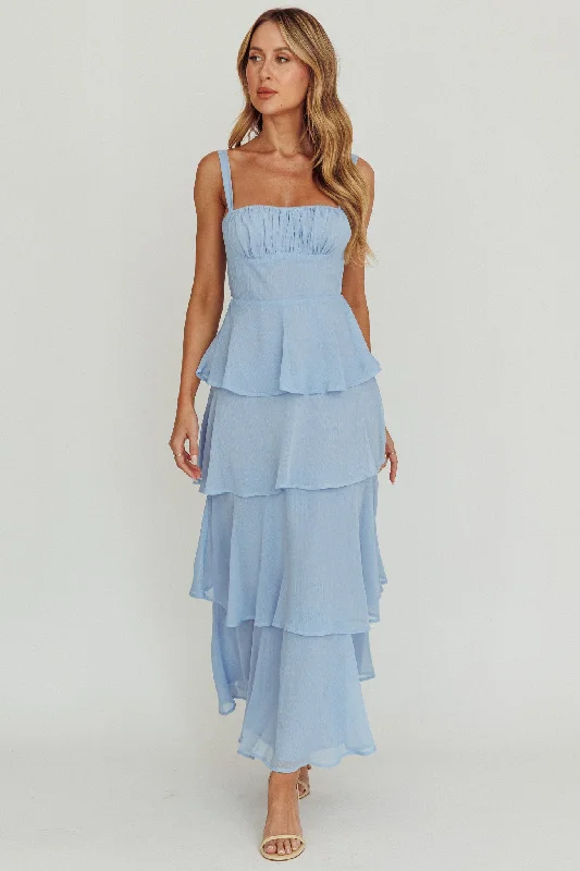 Online Boutiques Provence Bloom Tiered Ruffle Maxi Dress Sky Blue