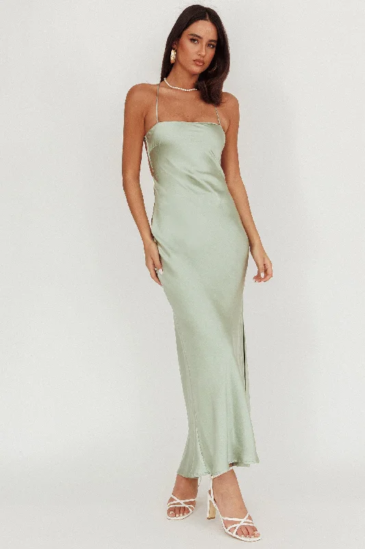 Final Sale Dolce Life Backless Satin Maxi Dress Sage