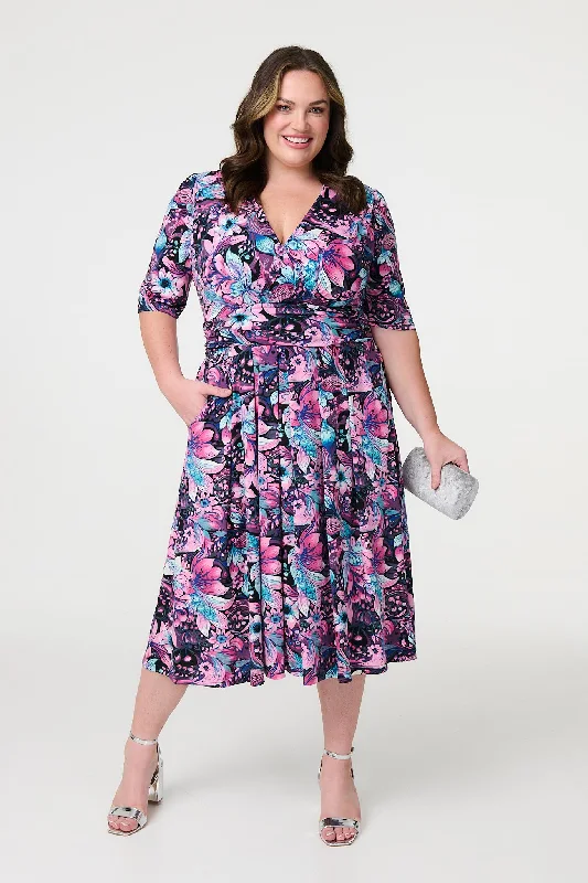 Fashion Forward Outfits Floral Faux Wrap Front Midi Dress