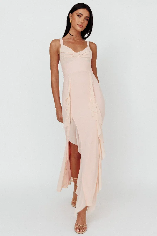 Ride The Style Wave Hollianna Ruffle Trim Split Maxi Dress Champagne