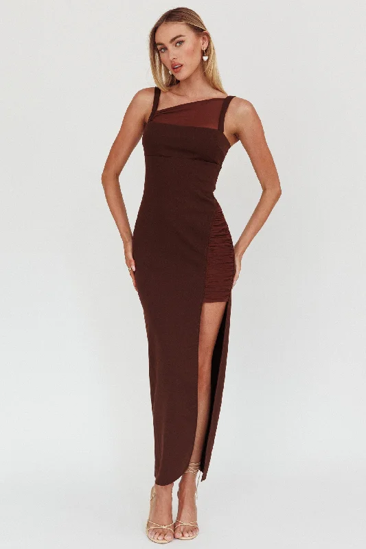 Fashionable Women's Wardrobe Zenya Split Ruched Maxi Dress Chocolate