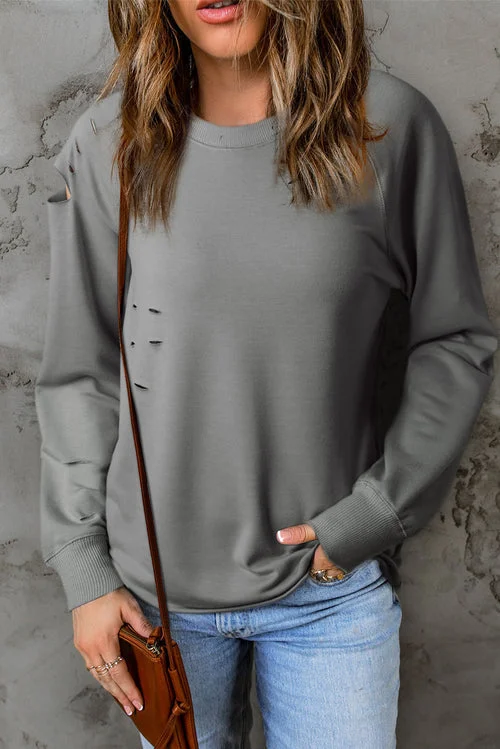 Bold and Elegant Women's Fashion Distressed Long Raglan Sleeve Top