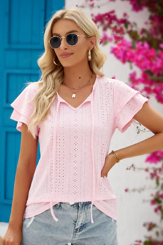 Trendy Outfits For Girls Eyelet Tie-Neck Flutter Sleeve Blouse