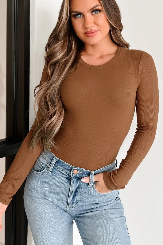 Online Clothing Boutiques Simple Yet Practical Ribbed Long Sleeve Bodysuit (Toffee)