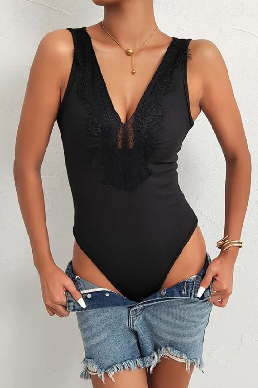 Athleisure Wear Special Offer Spliced Lace Deep V Sleeveless Bodysuit