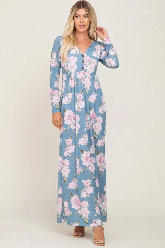 Trendy Women's Outfits for Casual Wear Blue Floral Button Front Maxi Dress