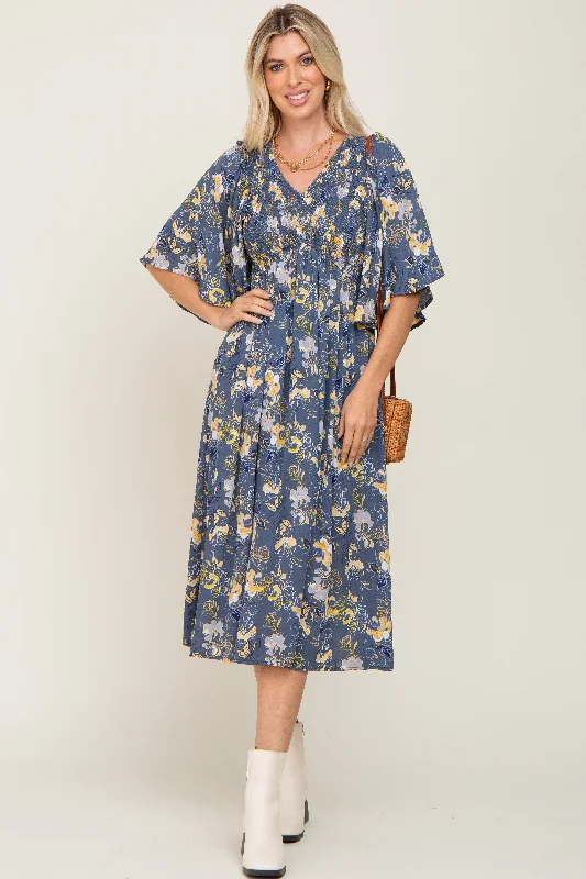 Clothes Woman Blue Floral Smocked Flowy Half Sleeve Midi Dress