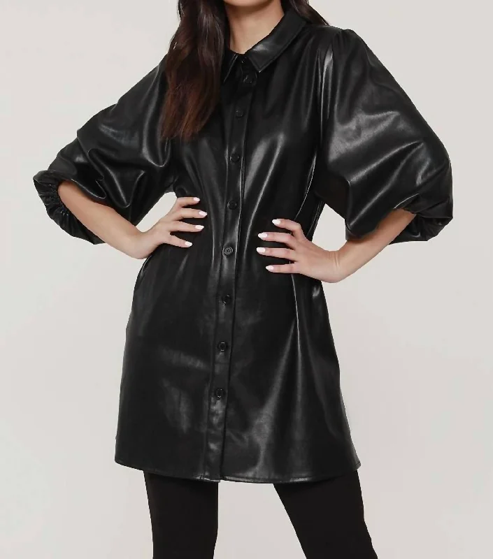 Winter Wardrobe Clearance Everywhere Leather Dress With Puff Sleeves In Black