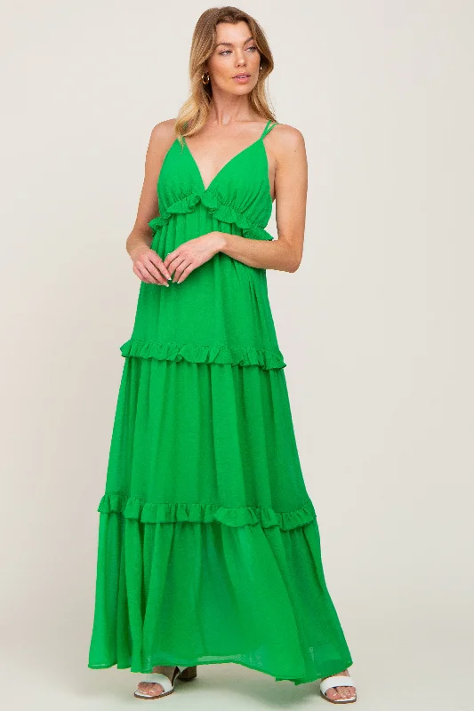 Trendy Outfits For Ladies Green Ruffle Tier Cross Back Maxi Dress