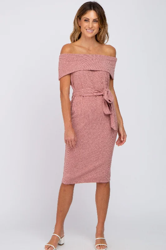 Rocker Chic Fashion Mauve Folded Off Shoulder Waist Tie Midi Dress