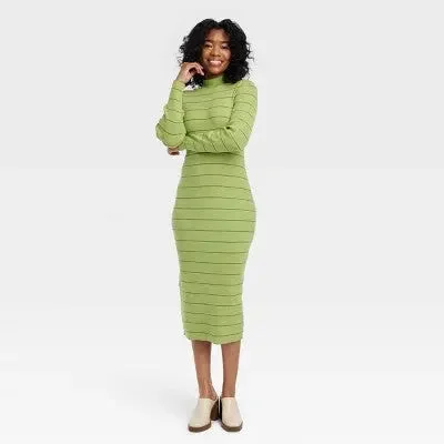 Women Fashion House of Aama Women's High Neck idi Knit Dress Long Sleeve, Green Striped,