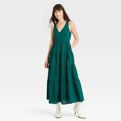 Street Style Fashion New - Women's Tiered Maxi A-Line Dress - Universal Thread Green M