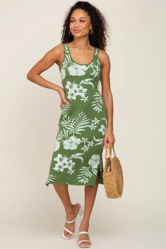 Clearance Sale, All Cheap Olive Floral Sleeveless Knit Midi Dress