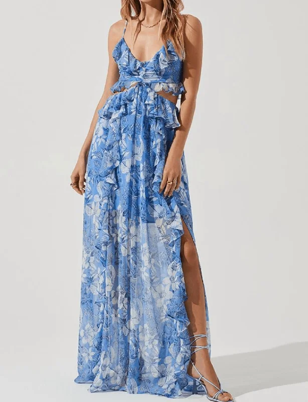 Chic And Comfortable Palace Cut Out Floral Maxi Dress In Blue/white