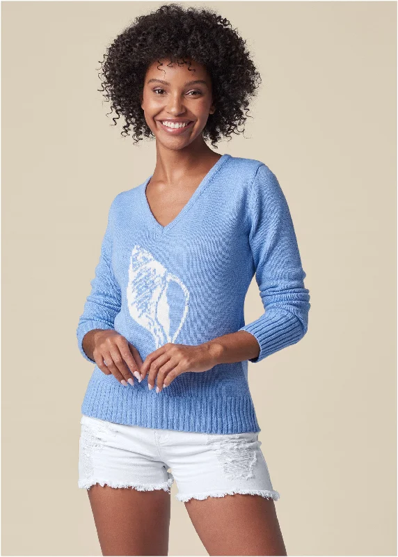 Chic & Cozy Apparel Conch Shell V-Neck Sweater - Light Blue