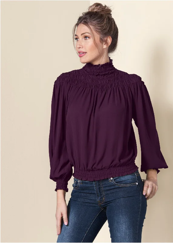 Redefining Women's Fashion Smocked Detail Top - Dark Purple