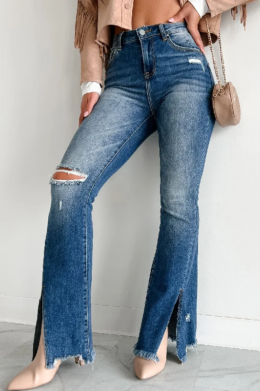 Fashion Forward Cassius High Rise Split Hem Risen Flare Jeans (Dark)